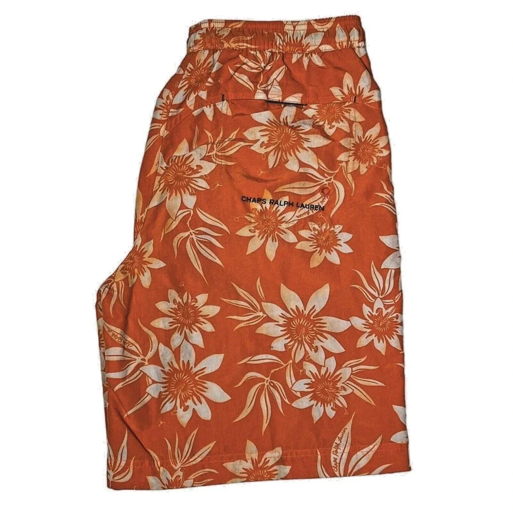Vintage Chaps Swim Trunks Men L Orange Floral Surf Board Shorts Y2K Beachwear‎